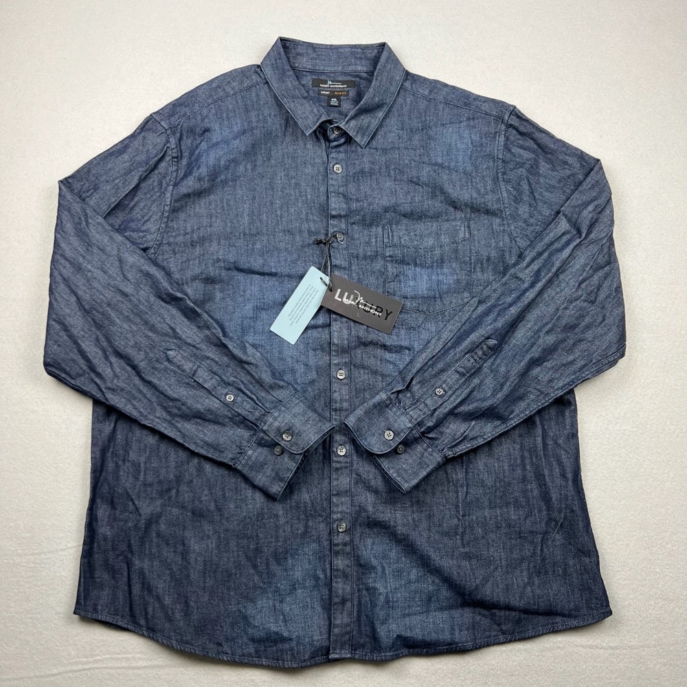 Marc Anthony Mens XXL Navy Blue Chambray Denim Luxury Slim Fit LS Casual Shirt